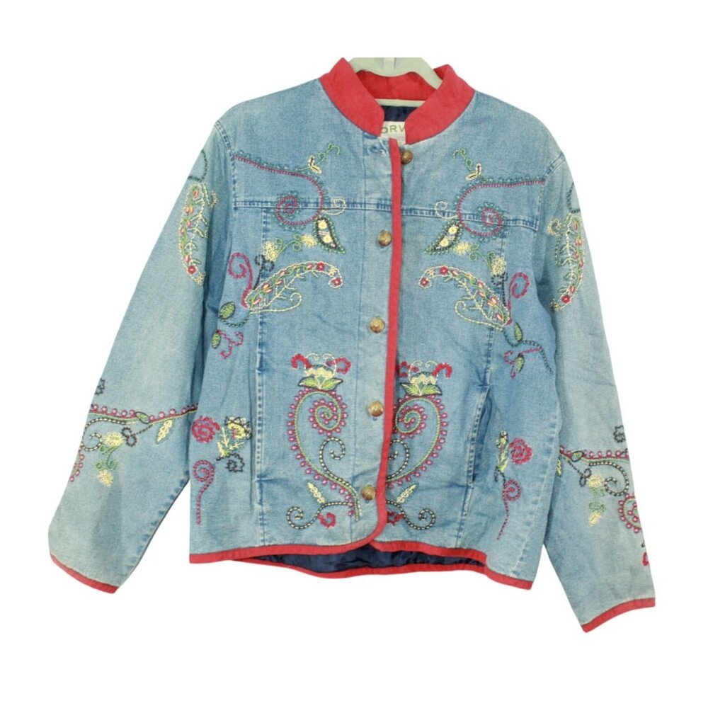 Orvis Womens Blue Embroidered Floral Denim Jacket Size M Boho Artsy